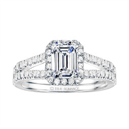Emerald Cut Split Shank Halo Diamond Engagement Ring